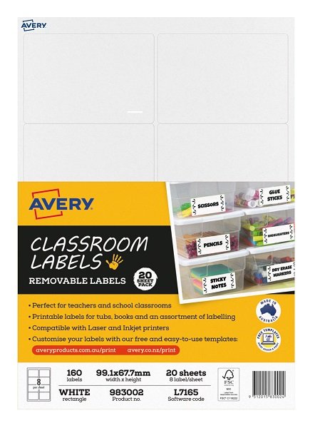 Avery L7165 99.1 x 67.7 mm Removable Laser Inkjet Classroom Labels - 160 Pack