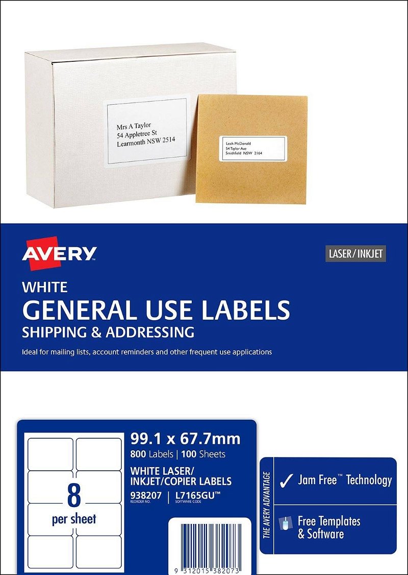 Avery L7165GU White Laser Inkjet 99.1 x 67.7mm Permanent General Use Labels – 800 Pack