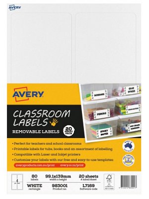 Avery L7169 99.1 x 139 mm Removable Laser Inkjet Classroom Labels - 80 Pack