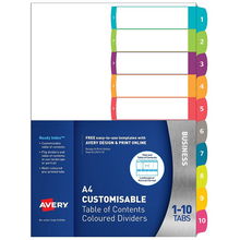 view Avery L7411-10 Multi-Coloured A4 Laser Inkjet Customisable Dividers - 10 Tabs