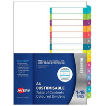 view Avery L7411-15 Multi-Coloured A4 Laser Inkjet Customisable Dividers - 15 Tabs