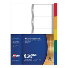view Avery L7411-5 A4 Laser Inkjet Coloured Extra Wide Plastic Divider - 5 Tabs