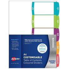 view Avery L7411-5 Multi-Coloured A4 Laser Inkjet Customisable Quarterly Dividers - 5 Tabs