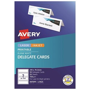 Avery L7423 White Laser Inkjet 210 x 74.3mm Double Sided Print Delegate Cards - 50 Pack