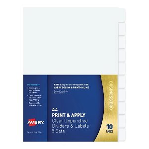Avery L7455-10 A4 Laser Inkjet Clear Unpunched Label & Divider - 10 Tabs