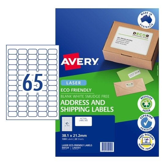 Avery L7651EV Eco Friendly 38.1x21.2 mm Address Labels - 1300 Pack