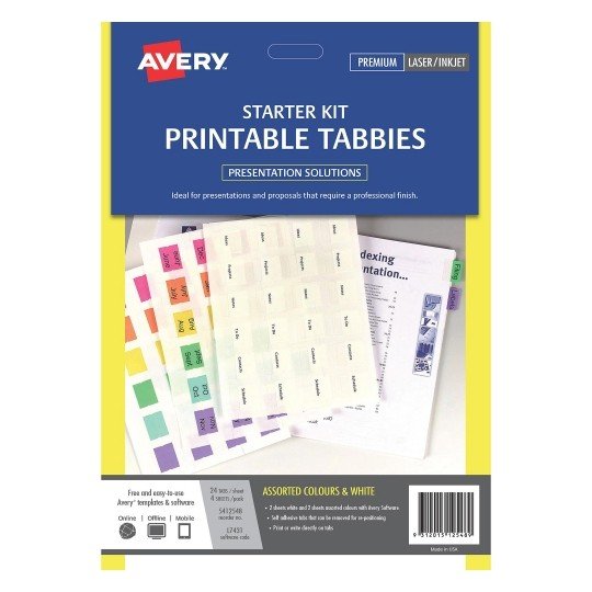 Avery Starter Kit Printable Coloured & White Tabbies - 96 Tabs