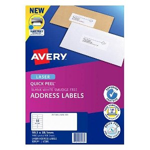 Avery L7163 White Laser 99.1 x 38.1mm Permanent Quick Peel Address Labels with Sure Feed - 1400 Pack
