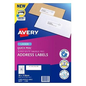 Avery L7156 White Laser 58 x 17.8mm Permanent Quick Peel Address Labels with Sure Feed - 4500 Pack