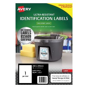 Avery L7917 White Laser 208 x 295mm Extra Strong Permanent Ultra-Resistant Chemical Grade Labels – 10 Pack