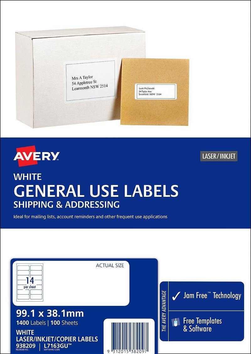 Avery L7163GU White Laser Inkjet 99.1 x 38.1mm Permanent General Use Labels – 1400 Pack