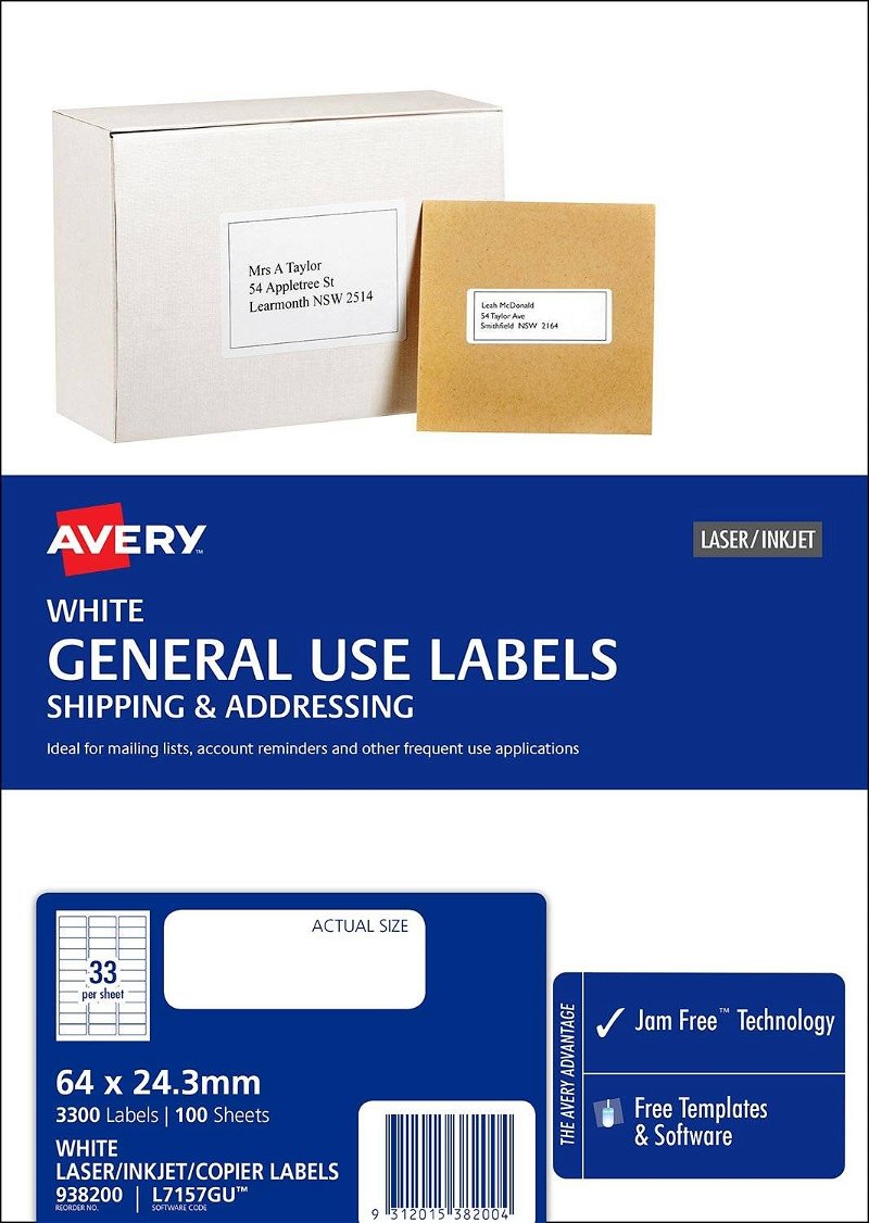 Avery L7157GU White Laser Inkjet 64 x 24.3mm Permanent General Use Labels – 3300 Pack