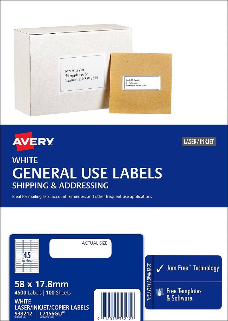 Avery L7156GU White Laser Inkjet 58 x 17.8mm Permanent General Use Labels – 4500 Pack