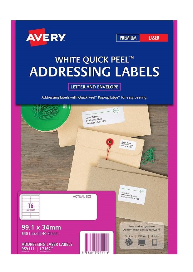Avery L7162 White Laser 99.1 x 34mm Permanent Quick Peel Address Labels with Sure Feed – 640 Pack