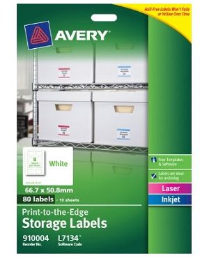 Avery L7134 White Laser Inkjet 66.7 x 50.8mm Permanent Storage Labels - 80 Pack