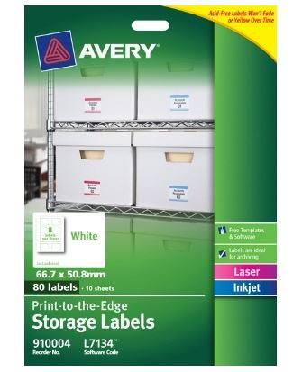 Avery L7134 White Laser Inkjet 66.7 x 50.8mm Permanent Storage Labels - 80 Pack