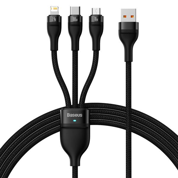 Baseus Flash Series II 1.2m One-for-three Micro USB, Lightning & USB-C Charge & Sync Cable - Black