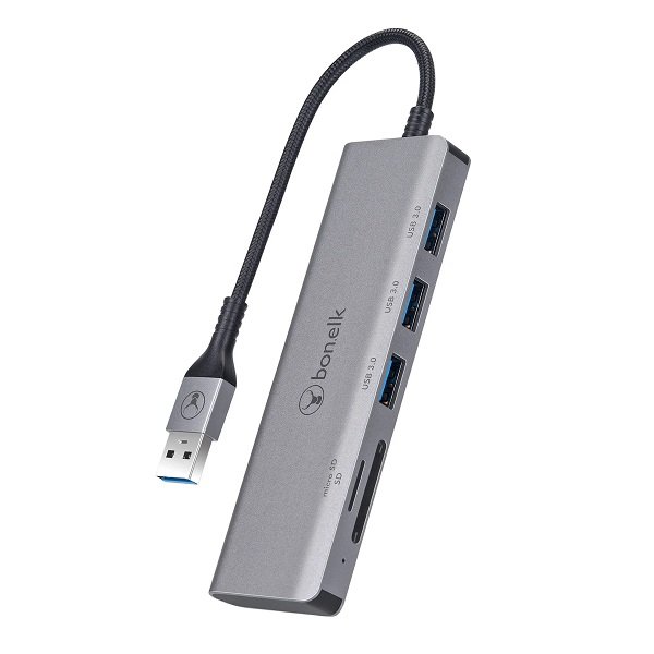 Bonelk Long-Life USB-A to 3 Port USB Hub with SD/Micro SD Reader - Space Grey