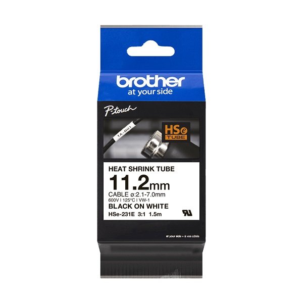 Brother HSe-231E 11.2mm x 1.5m Black on White Heat Shrink Tape