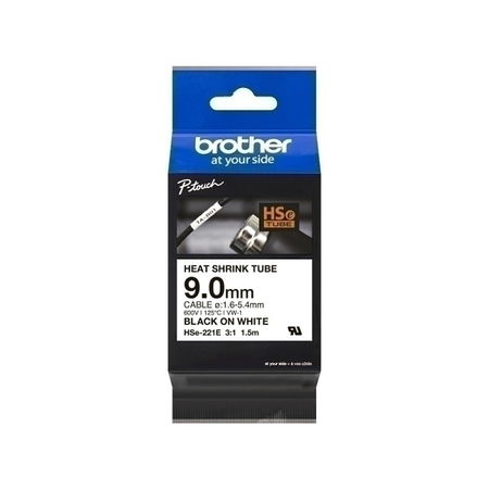 Brother P-Touch HSE-221 9mm Black on White Heat Shrink Tube Label Tape