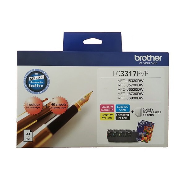 Brother LC3317PVP Ink Cartridge Value Pack - Black, Cyan, Magenta & Yellow + 40 Sheets of 4x6 Photo Paper!