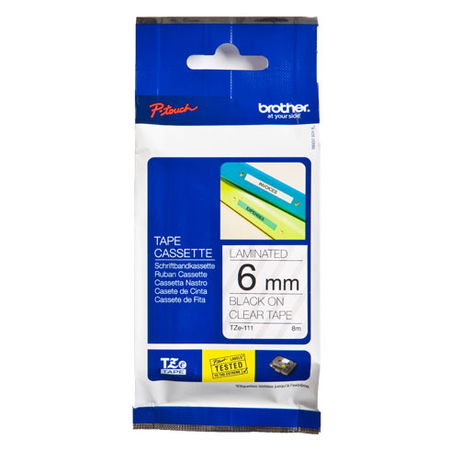 Brother P-Touch TZE-111 6mm Black on Clear Laminated Label Tape