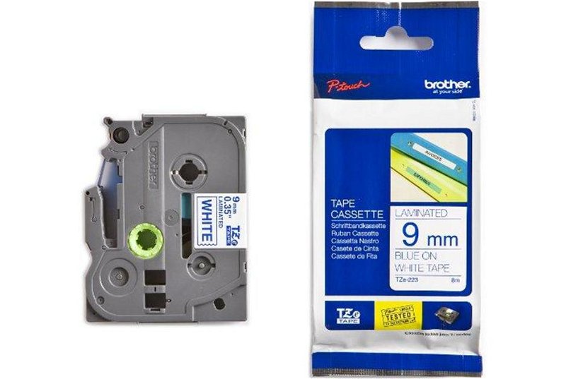 Brother P-Touch TZE-223 9mm Blue on White Laminated Label Tape