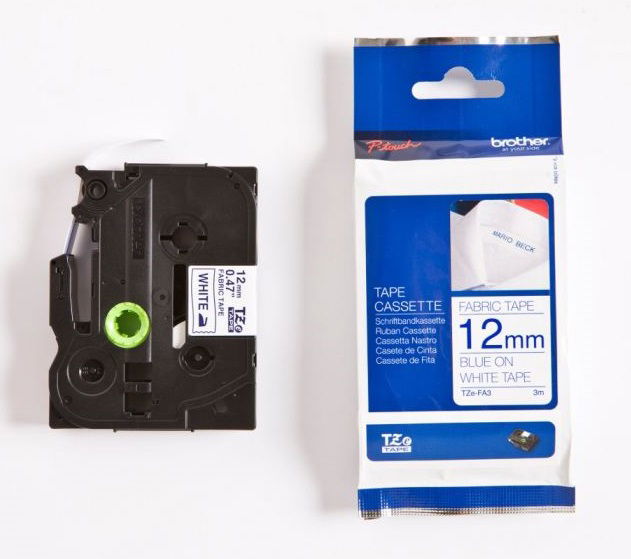 Brother TZEFA3 12mm Blue on White Iron On Fabric Tape Elive NZ