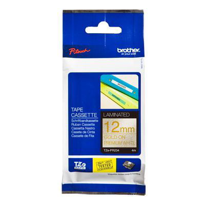 Brother P-Touch TZE-PR234 12mm Gold on White Glitter Premium Laminated Label Tape