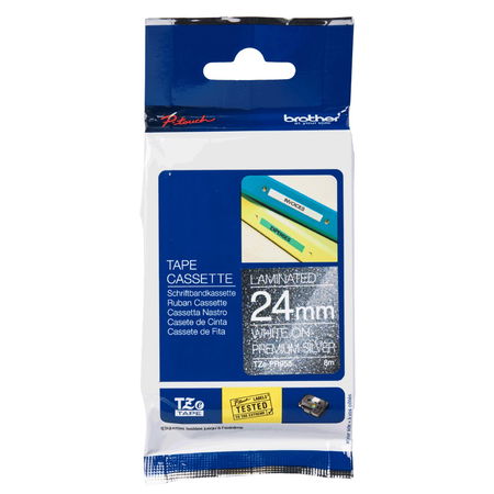 Brother P-Touch TZE-PR955 24mm White on Silver Glitter Premium Laminated Label Tape