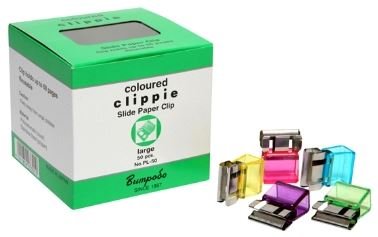 Clippie Large Coloured Slide Paper Clips - 50 Pack