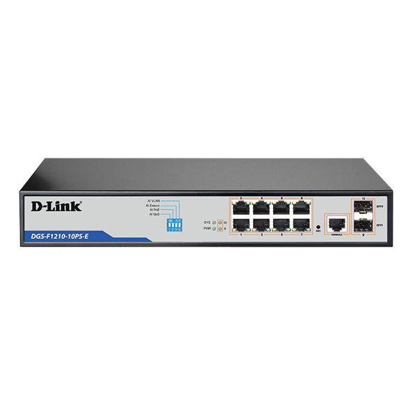 D-Link DGS-F1210-10PS-E 10-Port Gigabit Smart Managed PoE+ Switch with 8 Long Reach PoE Ports and 2 SFP Ports