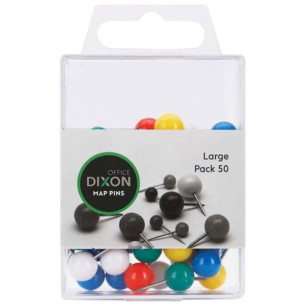 Dixon Large Map Pins Assorted Colour - 50 Pack