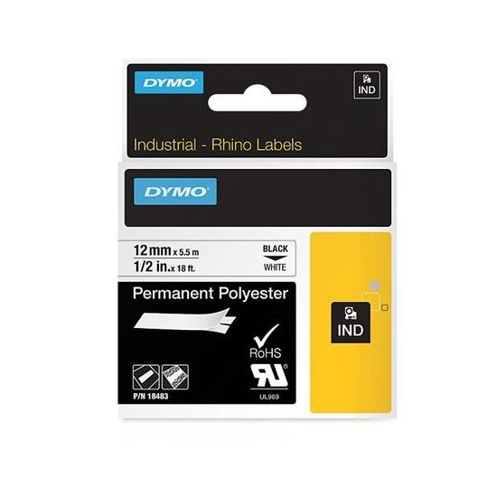 Dymo 12mm x 5.5m Genuine Rhino Industrial Permanent Polyester Labels - Black On White