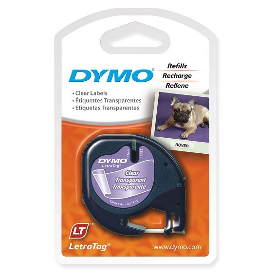Dymo 12mm x 4m Genuine LetraTag Labeller Plastic Tape - Black on Clear