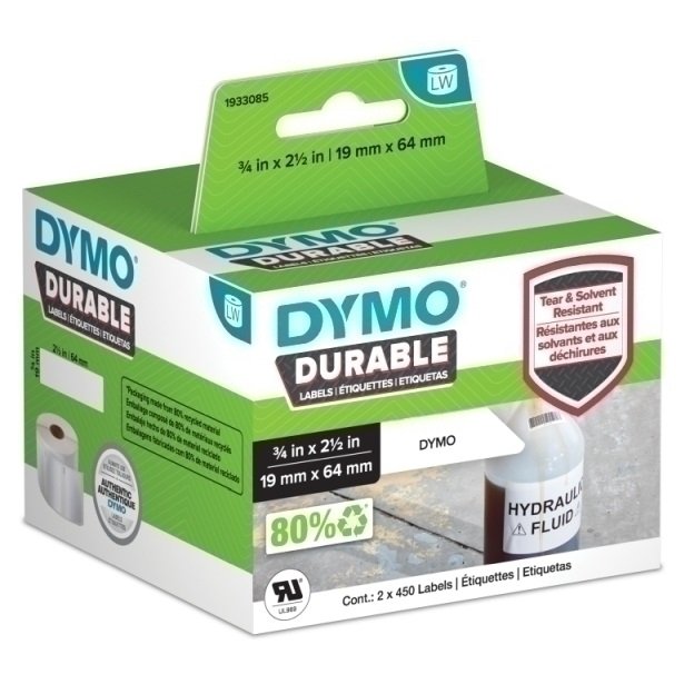 Dymo LabelWriter 19mm x 64mm White Durable Labels - 2 x 450 Labels/Roll