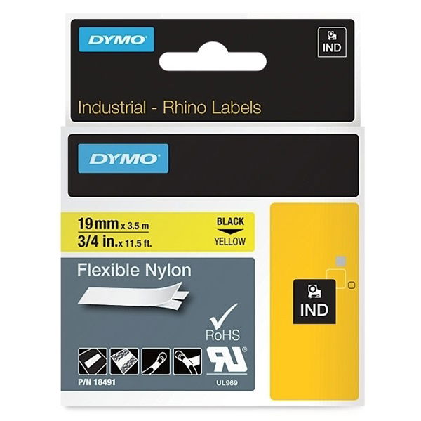 Dymo Rhino 19mm x 3.5m Black on Yellow Flexible Nylon Labels