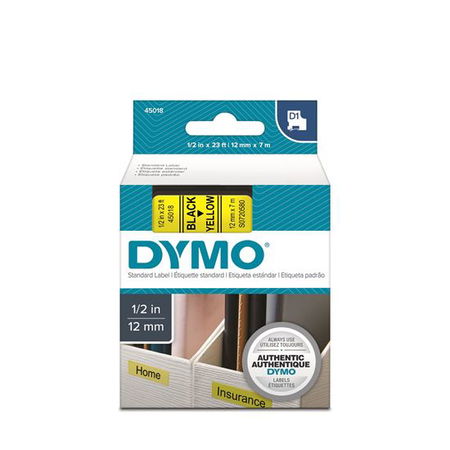 DYMO D1 12mm Black on Yellow Standard Label Tape Cassette