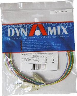 DYNAMIX 2M SC Pigtail OM1 6 Pack Colour Coded, 900um Multimode Fibre, Tight buffer