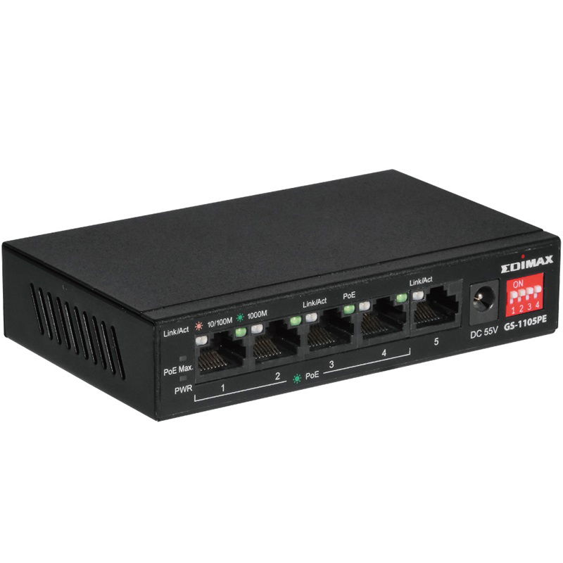 Edimax Long Range 5-Port Gigabit PoE+ Un-managed Switch with 4 PoE+ Ports and DIP Switch