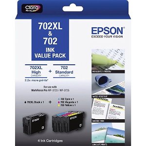 Epson DURABrite 702XL Black High Yield + 702 Colours Ink Cartridge Value Pack - Black, Cyan, Magenta, Yellow