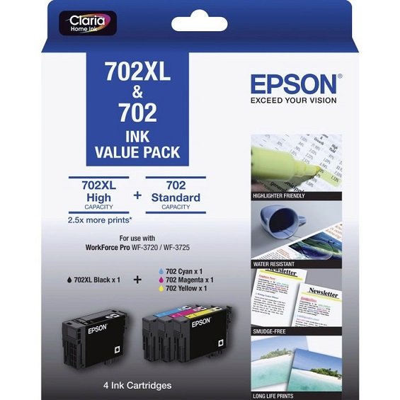 Epson DURABrite 702XL Black High Yield + 702 Colours Ink Cartridge Value Pack - Black, Cyan, Magenta, Yellow