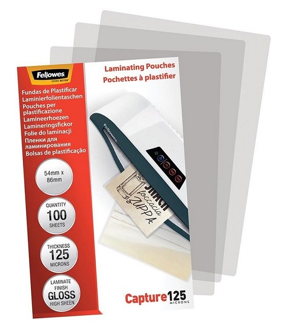 Fellowes 54x86mm 125 Micron Gloss Laminating Pouches - 100 Pack