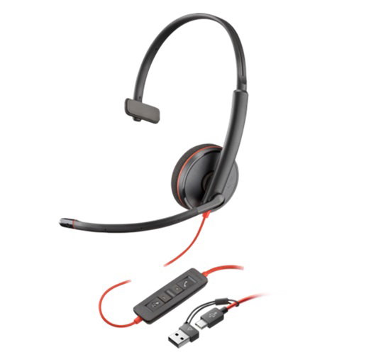 HP Poly Blackwire 3210 USB-C On Ear Wired Mono Headset with Noise Cancelling + USB-C/A Adapter
