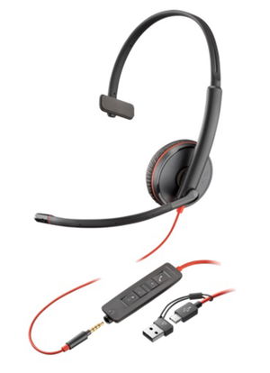 HP Poly Blackwire 3215 UC USB-C On Ear Wired Mono Headset with 3.5mm Plug + USB-C/A Adapter