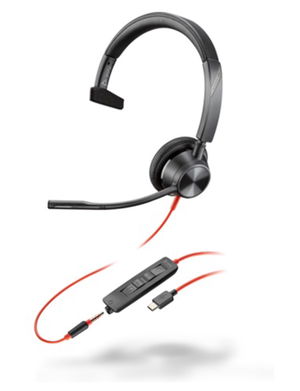 HP Poly Blackwire 3315 UC USB-C On Ear Wired Mono Headset + 3.5mm Plug & USB-C/A Adapter