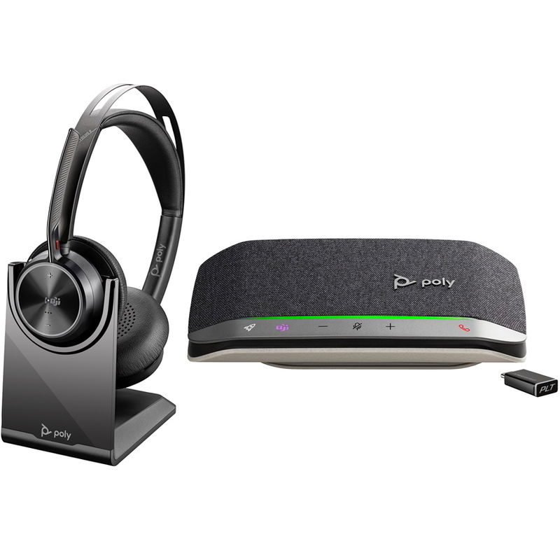 HP Poly Voyager Focus 2 USB-C On Ear Wireless Stereo Headset with USB-C/A Adapter and Charging Stand - Microsoft Teams Certified + Poly Sync 20+ Speakerphone