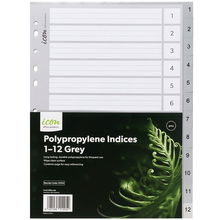 view Icon A4 Polypropylene Indices Grey - 12 Tabs