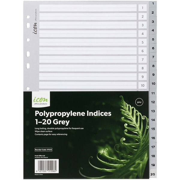 Icon A4 Polypropylene Indices Grey - 20 Tabs