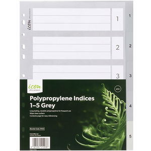 Icon A4 Polypropylene Indices Grey - 5 Tabs